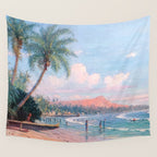 Waikiki Beach, Diamond Head, Oahu landscape painting by D. Howard Hitchcock Wall Tapestry Gallery Image 4