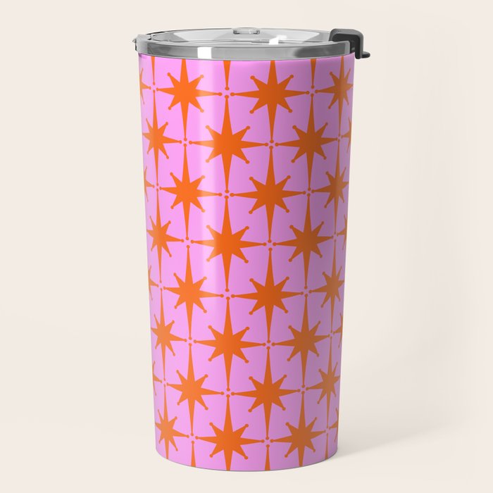 Retro Vintage 50s Starbursts Pattern in Orange and Bright Pink Travel Mug Gallery Image 2