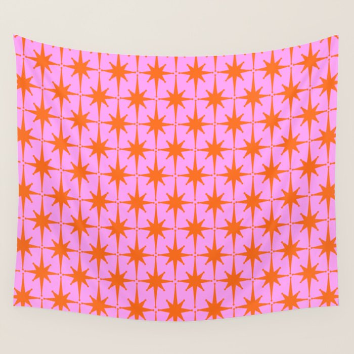 Retro Vintage 50s Starbursts Pattern in Orange and Bright Pink Wall Tapestry Gallery Image 4