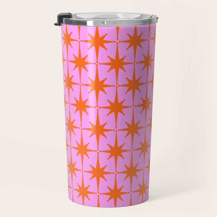 Retro Vintage 50s Starbursts Pattern in Orange and Bright Pink Travel Mug Gallery Image 3