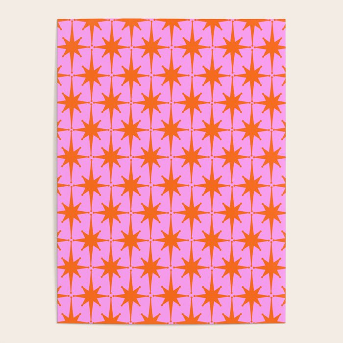 Retro Vintage 50s Starbursts Pattern in Orange and Bright Pink Poster Gallery Image 1