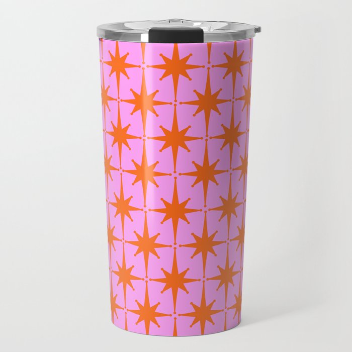 Retro Vintage 50s Starbursts Pattern in Orange and Bright Pink Travel Mug Gallery Image 1