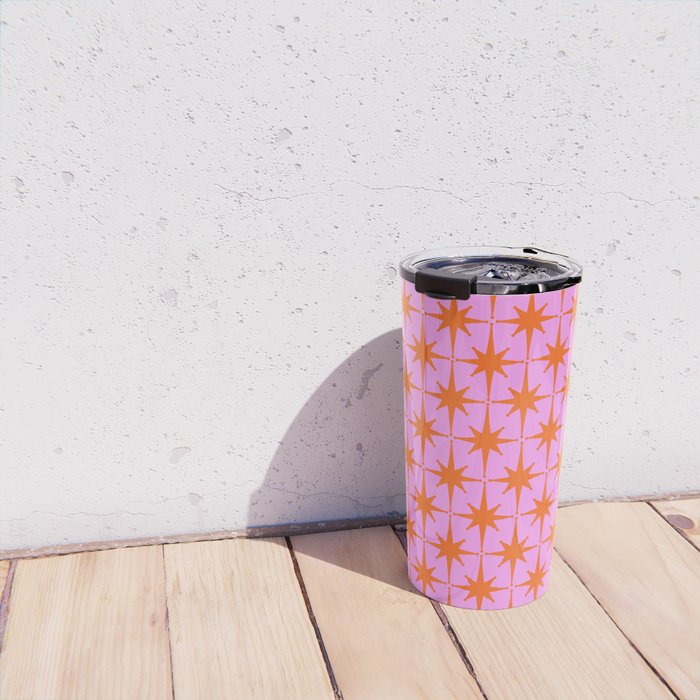 Retro Vintage 50s Starbursts Pattern in Orange and Bright Pink Travel Mug Gallery Image 4
