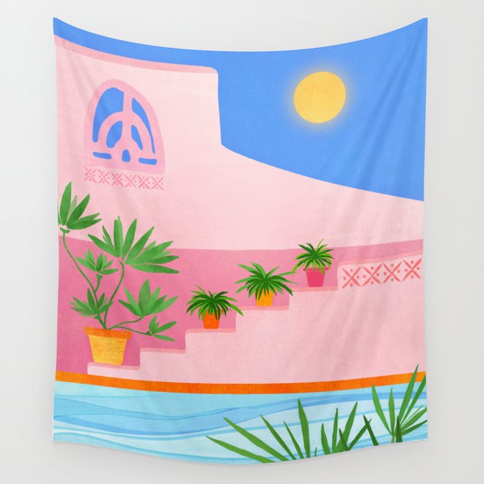 Belize Poolside Colorful Landscape Illustration Wall Tapestry Gallery Image 1