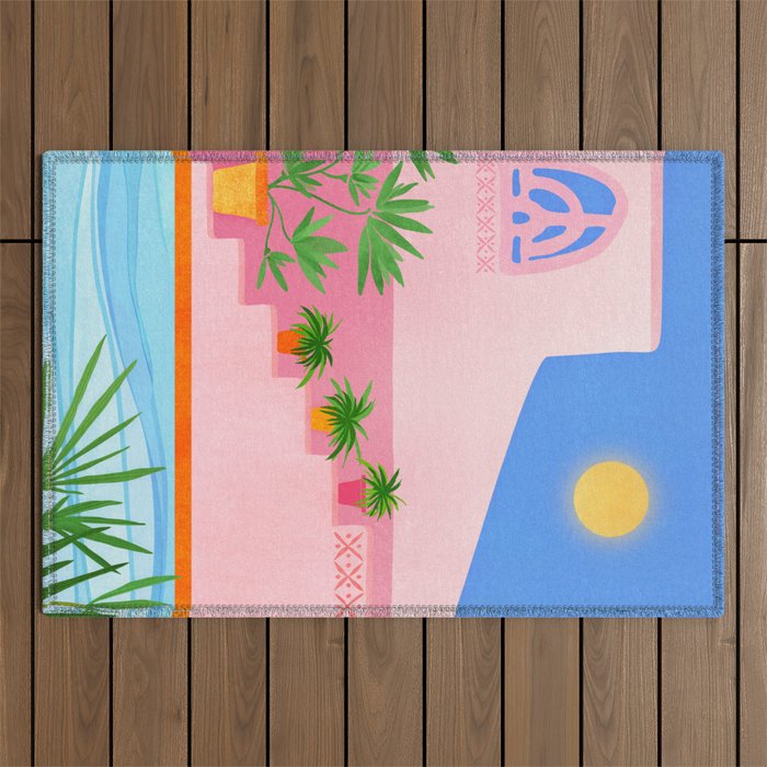 Belize Poolside Colorful Landscape Illustration Outdoor Rug Gallery Image 1
