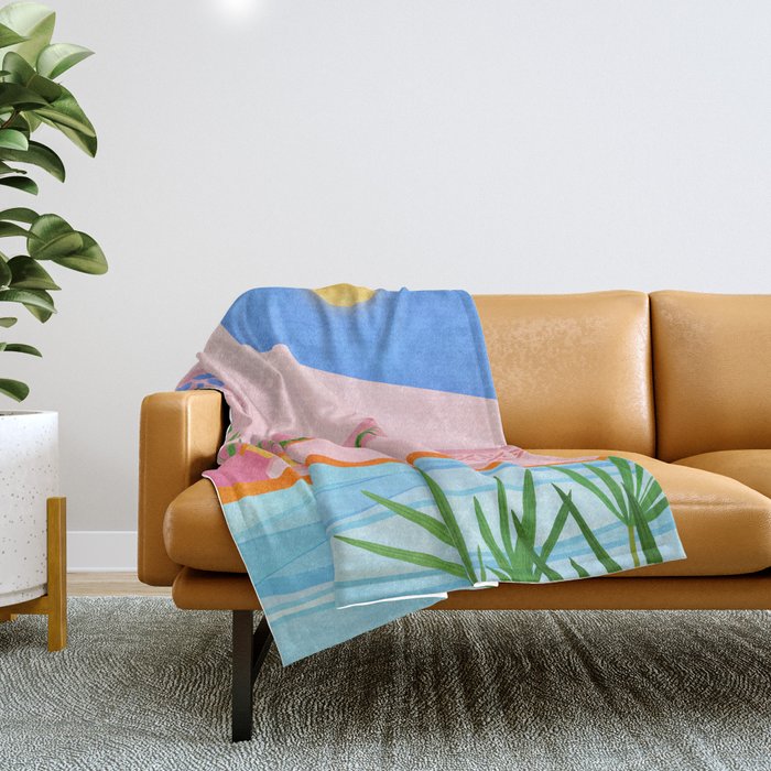 Belize Poolside Colorful Landscape Illustration Throw Blanket Gallery Image 1