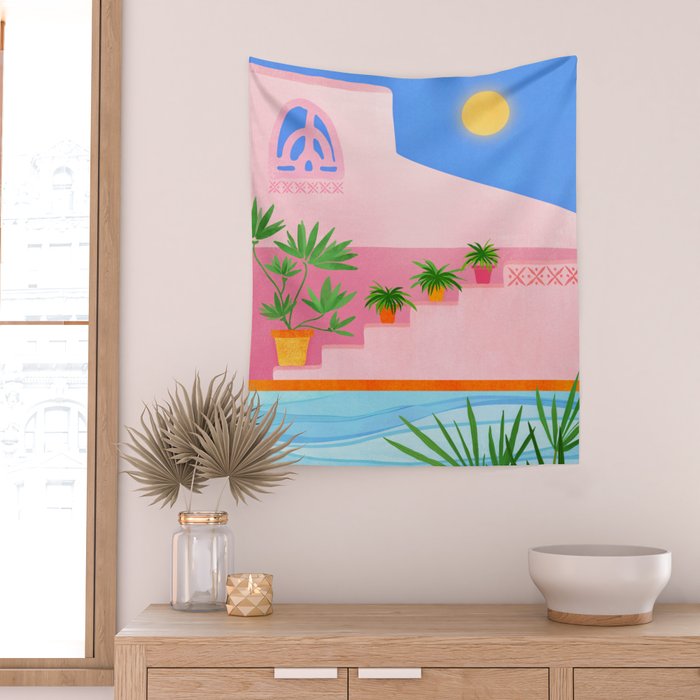 Belize Poolside Colorful Landscape Illustration Wall Tapestry Gallery Image 2