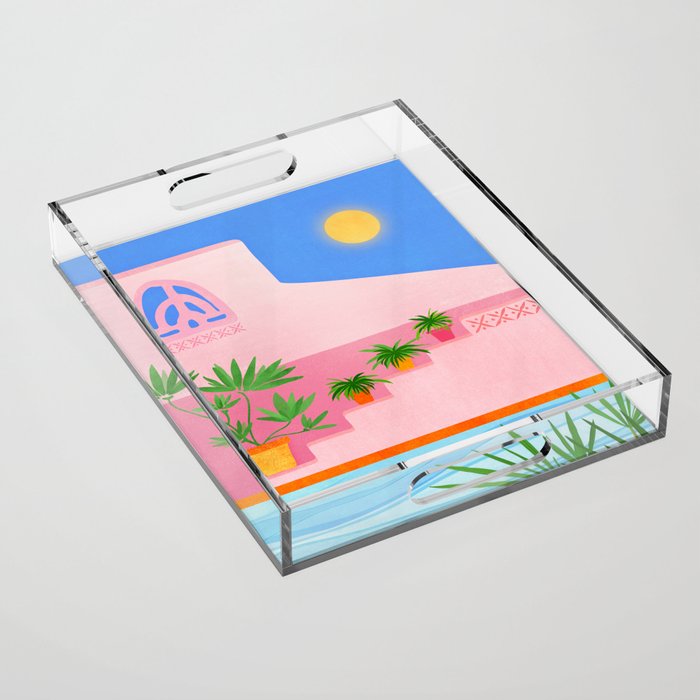 Belize Poolside Colorful Landscape Illustration Acrylic Tray Gallery Image 1