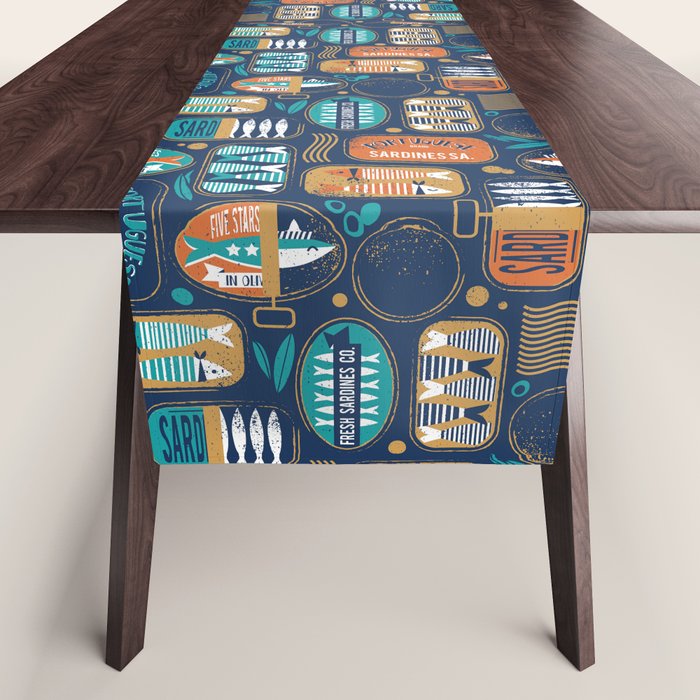 Vintage canned sardines // navy blue background peacock teal and gold drop orange cans  Table Runner Gallery Image 1