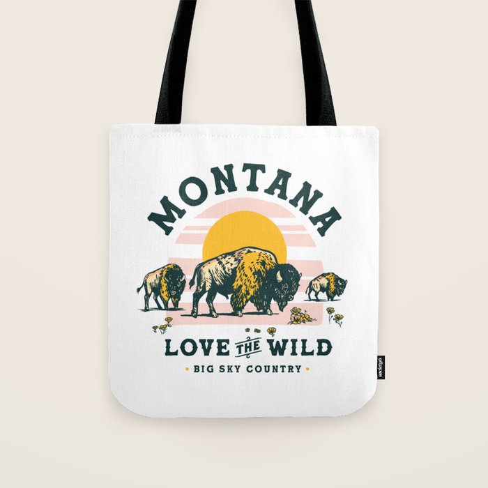 Big Sky Country, Montana: Love The Wild. Cool Retro Travel Art Featuring Buffalo Tote Bag Gallery Image 1