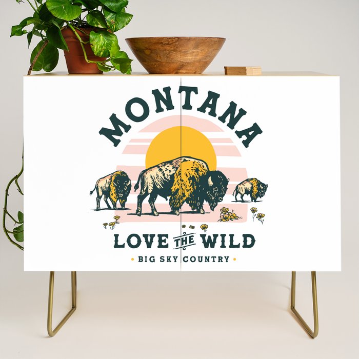 Big Sky Country, Montana: Love The Wild. Cool Retro Travel Art Featuring Buffalo Credenza Gallery Image 1