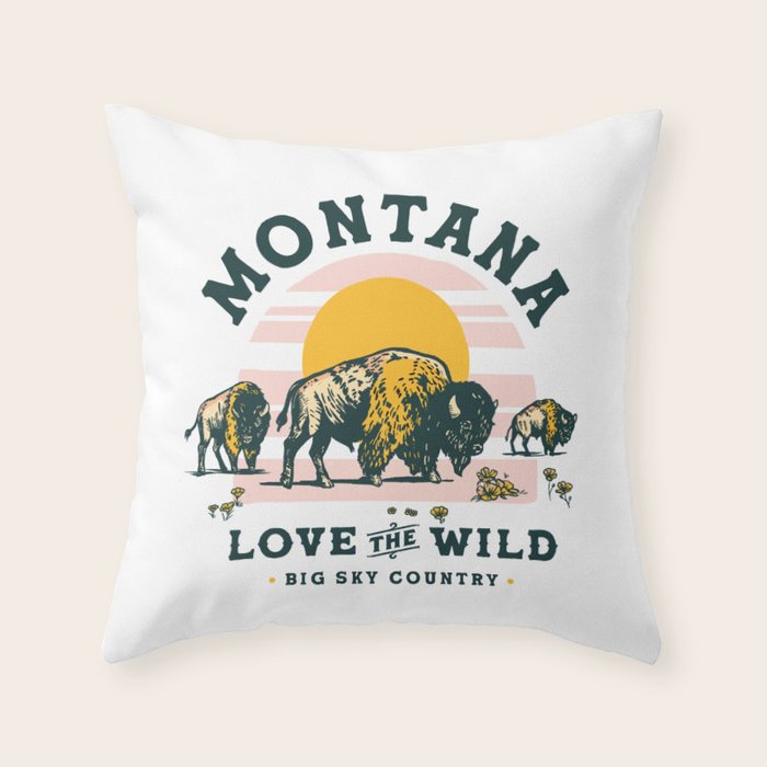 Big Sky Country, Montana: Love The Wild. Cool Retro Travel Art Featuring Buffalo Throw Pillow Gallery Image 6