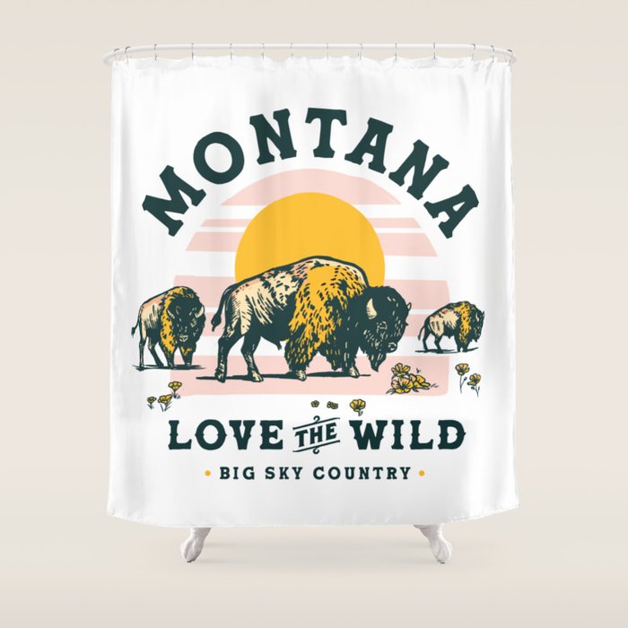 Big Sky Country, Montana: Love The Wild. Cool Retro Travel Art Featuring Buffalo Shower Curtain Gallery Image 1