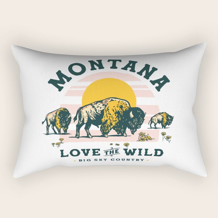 Big Sky Country, Montana: Love The Wild. Cool Retro Travel Art Featuring Buffalo Rectangular Pillow Gallery Image 1