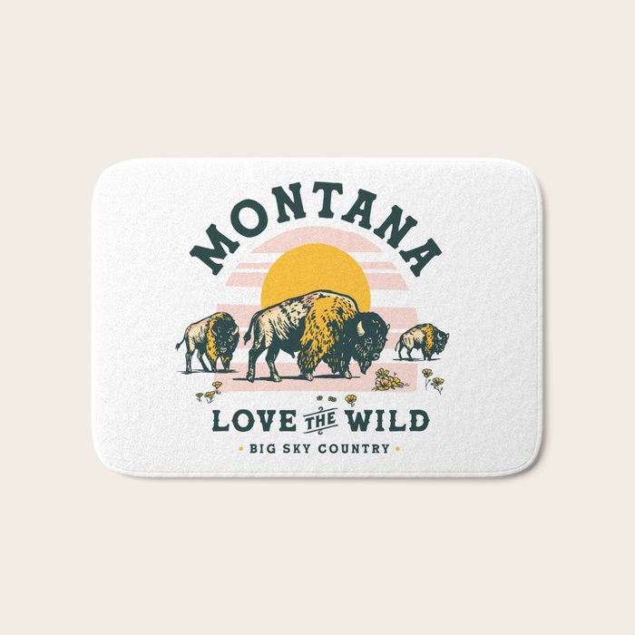 Big Sky Country, Montana: Love The Wild. Cool Retro Travel Art Featuring Buffalo Bath Mat Gallery Image 1