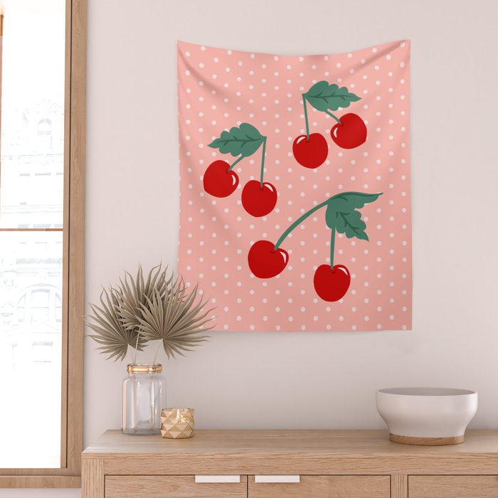Cherry Kitsch on Pink Wall Tapestry Gallery Image 2