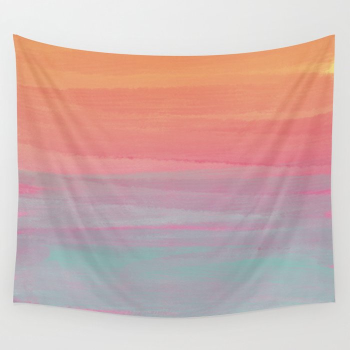 Abstract Orange Pink Teal Watercolor Sunset  Wall Tapestry Gallery Image 4