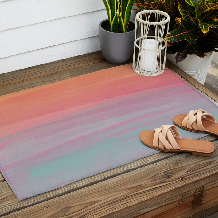 Abstract Orange Pink Teal Watercolor Sunset  Outdoor Rug Gallery Image 2