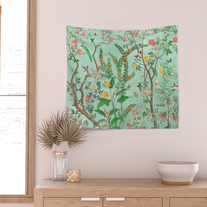 Chinoiserie Aqua Mint Floral Garden Fresco Wall Tapestry Gallery Image 2