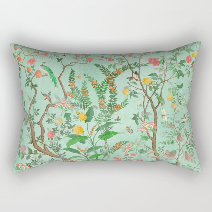 Chinoiserie Aqua Mint Floral Garden Fresco Rectangular Pillow Gallery Image 1