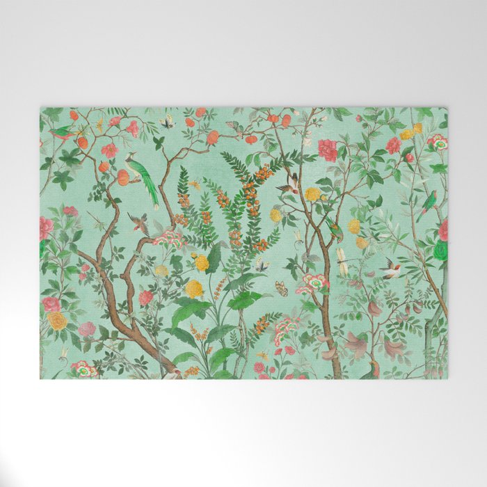 Chinoiserie Aqua Mint Floral Garden Fresco Welcome Mat Gallery Image 1