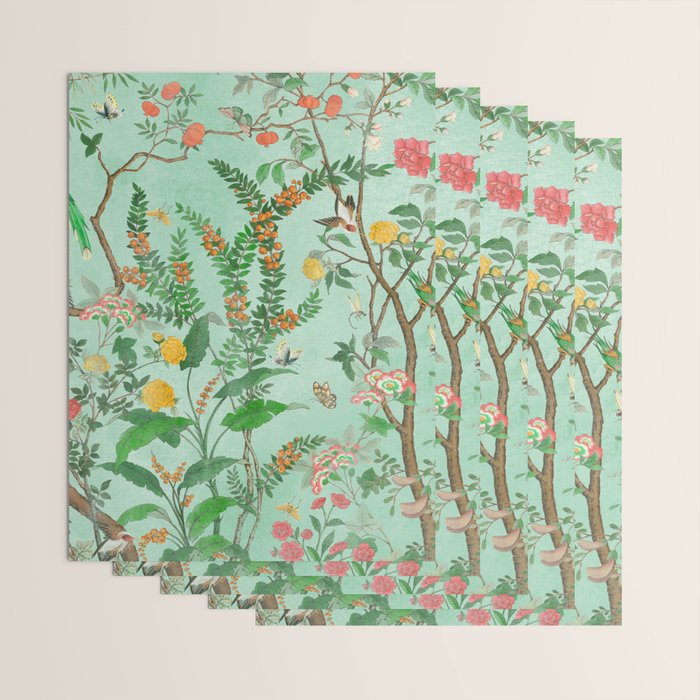 Chinoiserie Aqua Mint Floral Garden Fresco Wrapping Paper Gallery Image 3