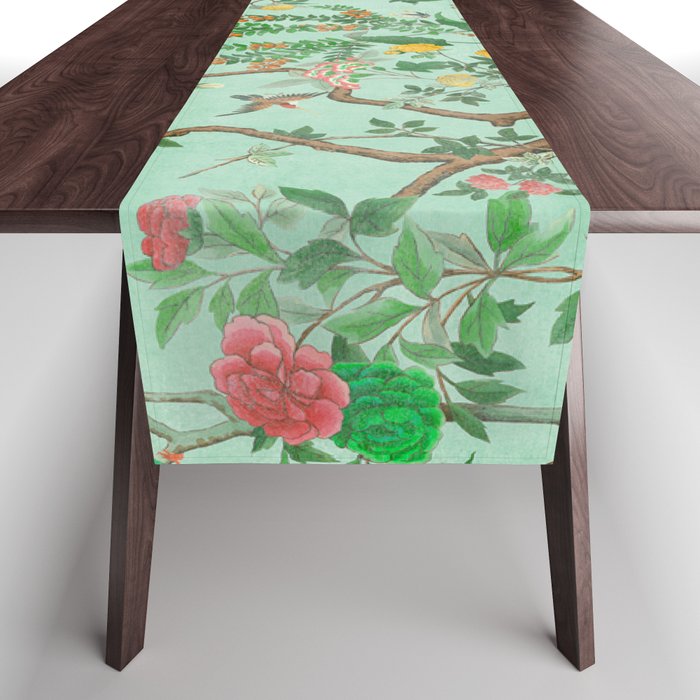 Chinoiserie Aqua Mint Floral Garden Fresco Table Runner Gallery Image 1