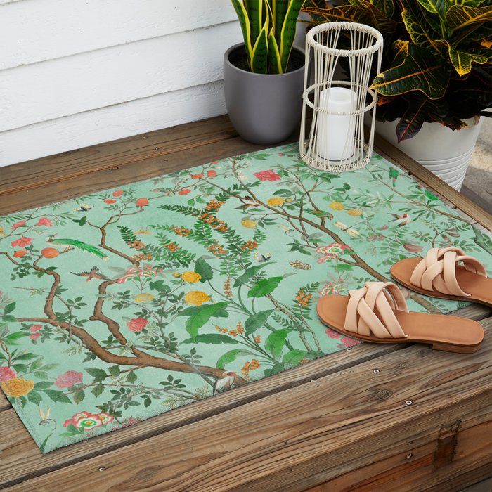 Chinoiserie Aqua Mint Floral Garden Fresco Outdoor Rug Gallery Image 2