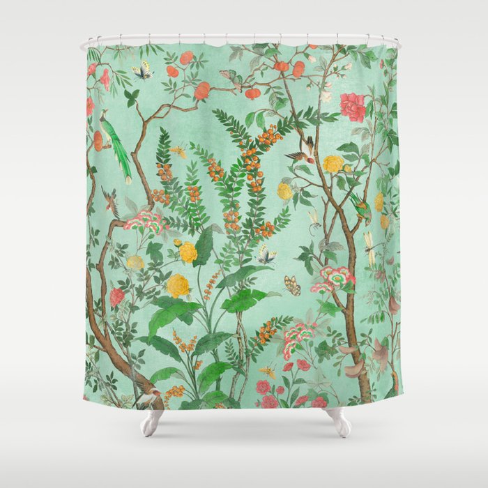 Chinoiserie Aqua Mint Floral Garden Fresco Shower Curtain Gallery Image 1