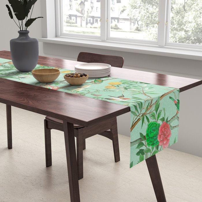 Chinoiserie Aqua Mint Floral Garden Fresco Table Runner Gallery Image 2