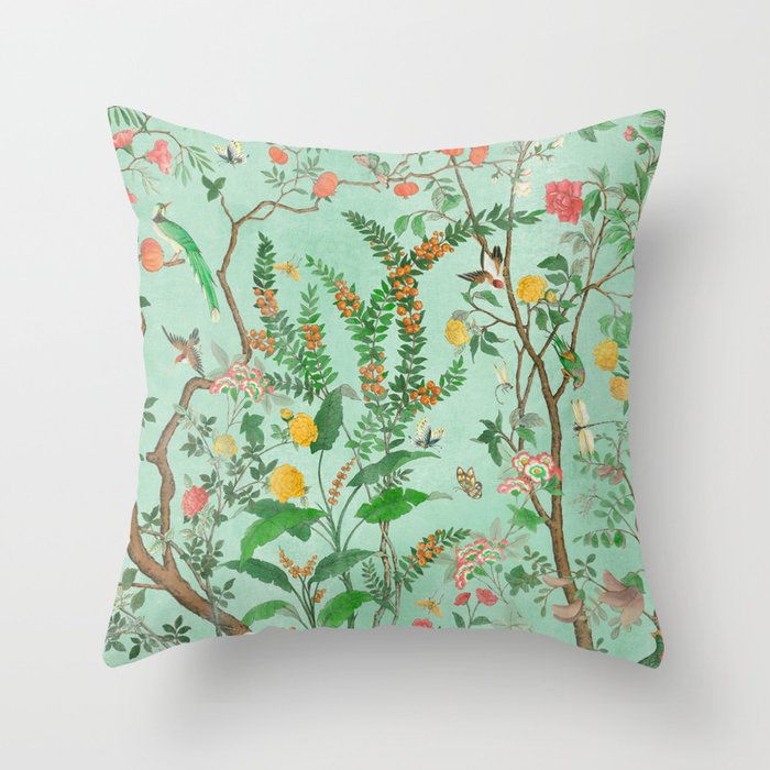 Chinoiserie Aqua Mint Floral Garden Fresco Throw Pillow Gallery Image 6