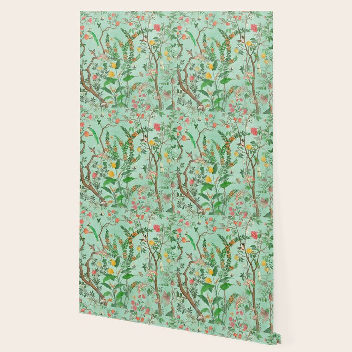 Chinoiserie Aqua Mint Floral Garden Fresco Wallpaper Gallery Image 2