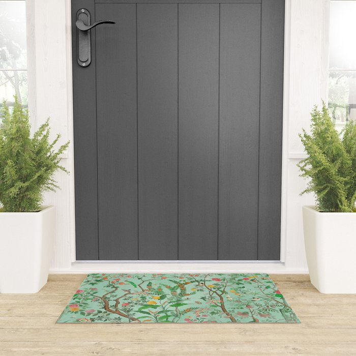 Chinoiserie Aqua Mint Floral Garden Fresco Welcome Mat Gallery Image 3