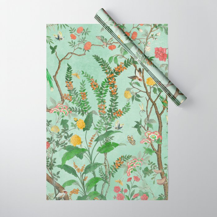 Chinoiserie Aqua Mint Floral Garden Fresco Wrapping Paper Gallery Image 1