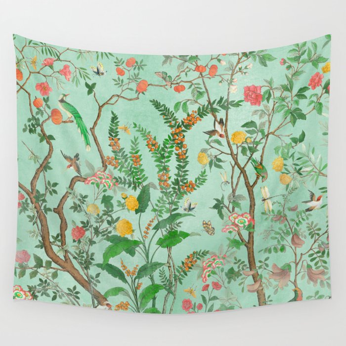 Chinoiserie Aqua Mint Floral Garden Fresco Wall Tapestry Gallery Image 1