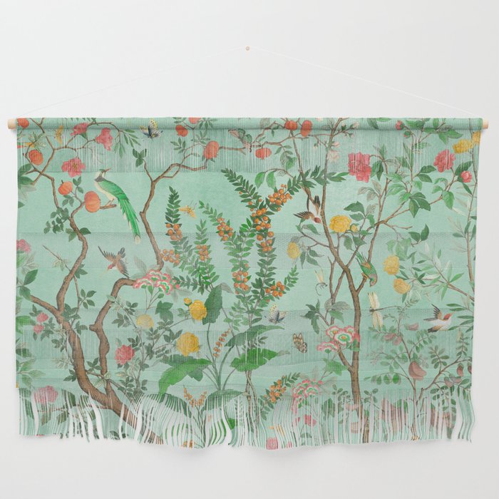 Chinoiserie Aqua Mint Floral Garden Fresco Wall Hanging Gallery Image 1