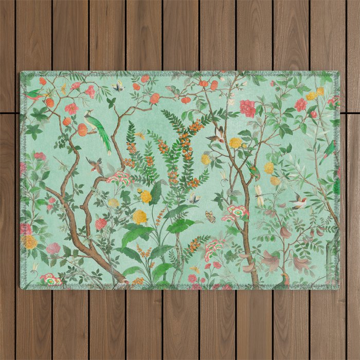 Chinoiserie Aqua Mint Floral Garden Fresco Outdoor Rug Gallery Image 1