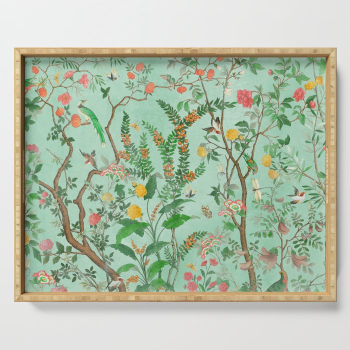 Chinoiserie Aqua Mint Floral Garden Fresco Serving Tray Gallery Image 1