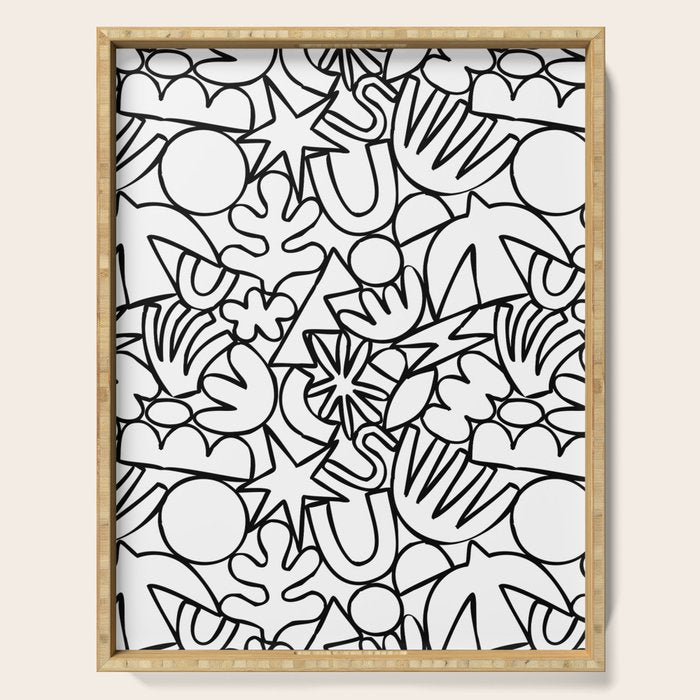 Black and white organic nature shape drawing pattern Serving Tray Gallery Image 1