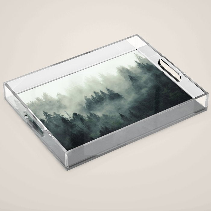 Green misty mountain pine forest in cloudy and rainy - vintage style photo Acrylic Tray Gallery Image 1