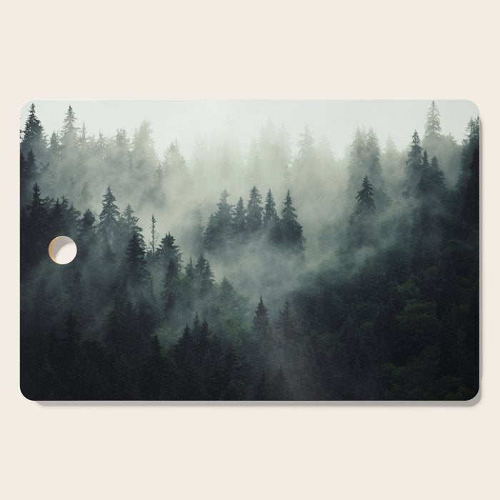 Green misty mountain pine forest in cloudy and rainy - vintage style photo Cutting Board Gallery Image 1