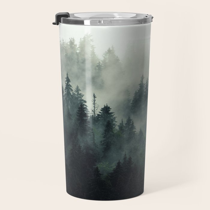 Green misty mountain pine forest in cloudy and rainy - vintage style photo Travel Mug Gallery Image 3