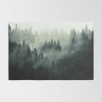 Green misty mountain pine forest in cloudy and rainy - vintage style photo Rug Gallery Image 2