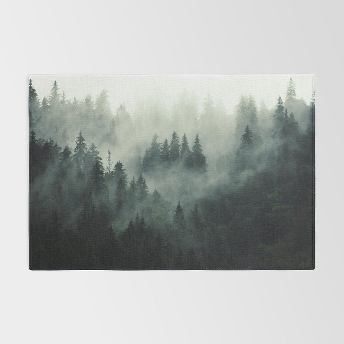 Green misty mountain pine forest in cloudy and rainy - vintage style photo Rug Gallery Image 2