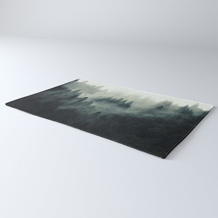 Green misty mountain pine forest in cloudy and rainy - vintage style photo Rug Gallery Image 3