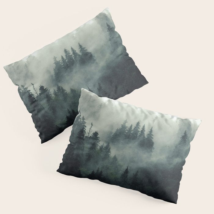Green misty mountain pine forest in cloudy and rainy - vintage style photo Pillow Sham Gallery Image 1