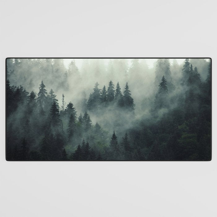 Green misty mountain pine forest in cloudy and rainy - vintage style photo Desk Mat Gallery Image 3
