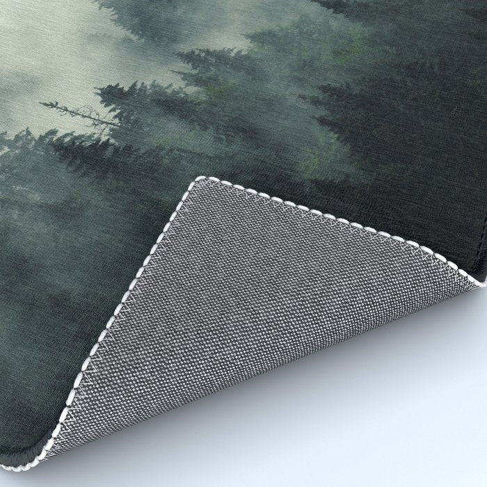 Green misty mountain pine forest in cloudy and rainy - vintage style photo Rug Gallery Image 4