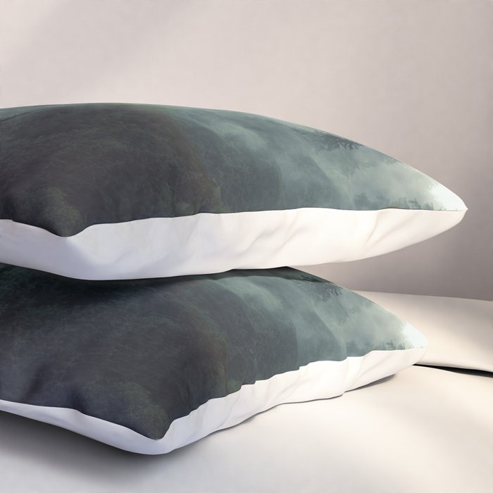 Green misty mountain pine forest in cloudy and rainy - vintage style photo Pillow Sham Gallery Image 3