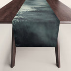 Green misty mountain pine forest in cloudy and rainy - vintage style photo Table Runner Gallery Image 1